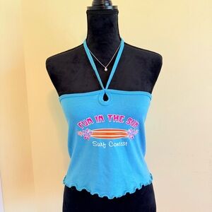 Early Y2K 2000s Blue Halter Top with Fun in the Sun Print